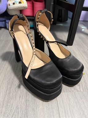 Black Platform Ankle-Strap Heels with Studded Accent